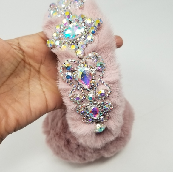 Blush Pink Faux Fur Crystal Embellished Earmuffs Earwarmers Rhinestone Headband - Picture 12 of 16